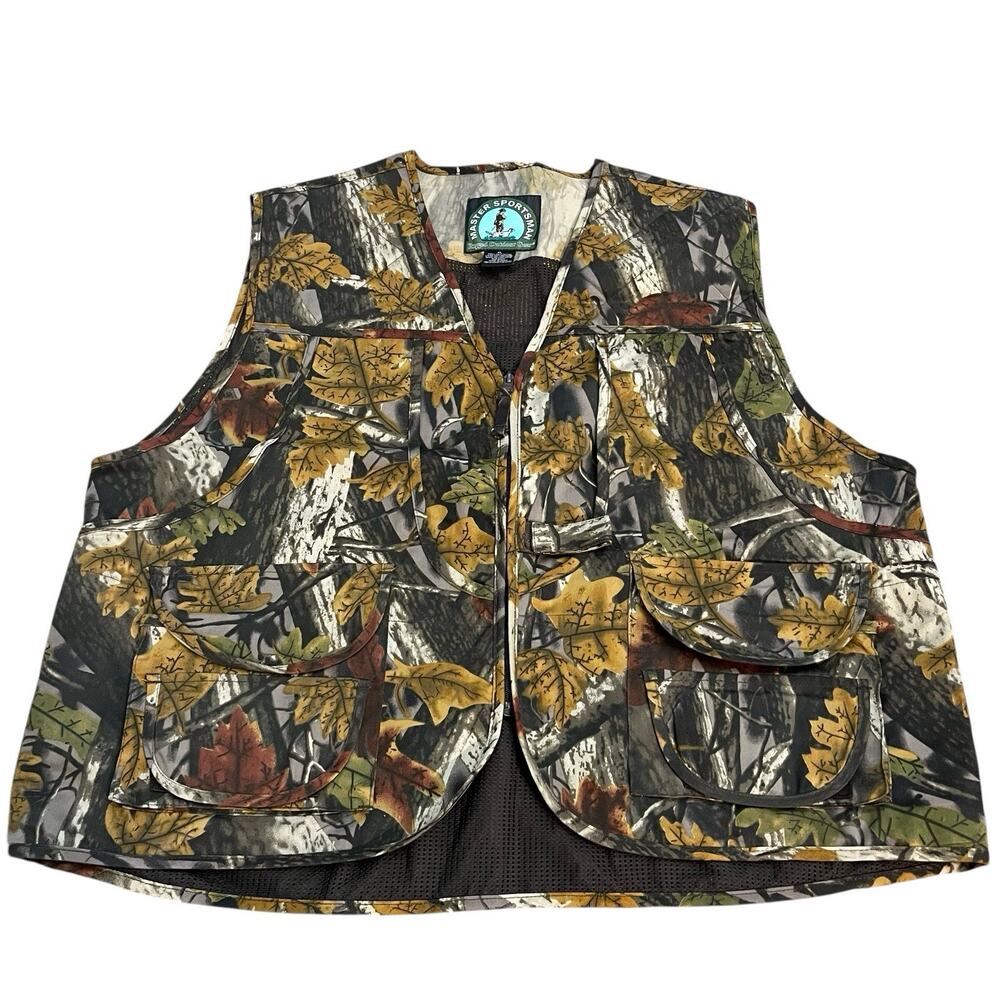 Master Sportsman Mens Hunting Camo Vest XL Zip Up Outdoor Pockets Leaf Print